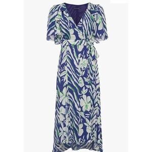 French Connection V-Neck Surplice Side Tie Wrap Midi Dress Sz 4 Clement Blue NWT